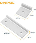 Workhorse T Track Stop Kit showing dimensions of 2 long and short stops for precise woodworking and routing. Metal material, silver color.