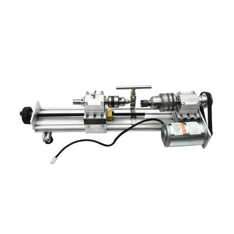 Mini 280W Metal And Woodworking Lathe Stepless Speed Control High Precision Turning Machine For DIY Bead Making Aluminum Alloy Construction, showing side view with motor and components.