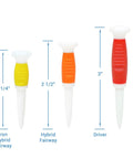 Flexible Fluorescent Golf Tees In Red Orange Yellow, 8 Pack, Assorted Sizes, showing 2-1/4 in, 2-1/2 in, and 3 in heights