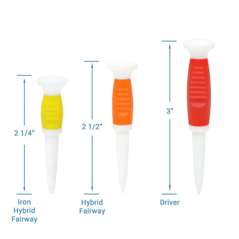 Flexible Fluorescent Golf Tees In Red Orange Yellow, 8 Pack, Assorted Sizes, showing 2-1/4 in, 2-1/2 in, and 3 in heights
