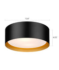 Two Light Frosted Glass Flush Mount Ceiling Light In Black With Gold Inner Accent, modern round fixture for entryway, 12.6"