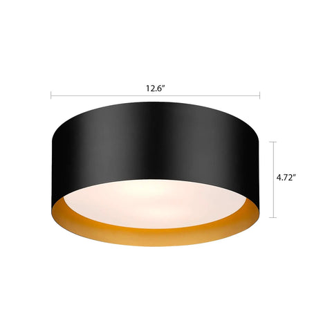 Two Light Frosted Glass Flush Mount Ceiling Light In Black With Gold Inner Accent, modern round fixture for entryway, 12.6"