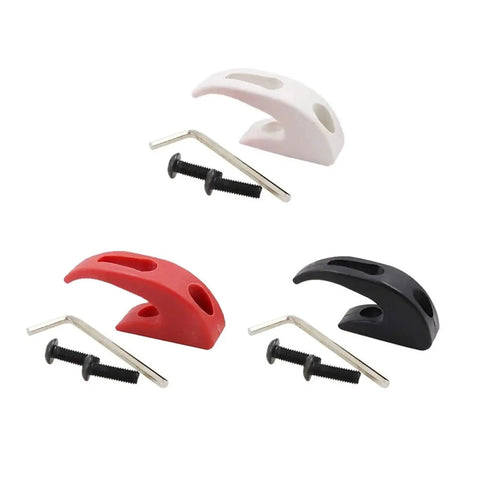 Front Hook Storage Mount For Electric Scooters And Skateboards Compatible With M365 Pro Ninebot Max G30 Durable Red Hanger Holder in red, white, and black with screws and hex key.