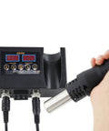 Person holding hot air gun from 2 In 1 Soldering Iron And Hot Air Rework Station For PCB SMD IC Repair With Heat Gun Desoldering Tool Kit