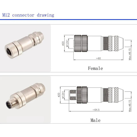 Technical drawing and photo of M12 5 Pin Male Connector B Coding Circular Field Wireable IP67 Waterproof Shielded Metal Shell