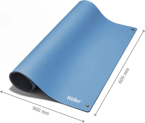 Blue ESD Soldering Mat 600x900mm with two 10mm press studs, pro grade, heat resistant, showing dimensions for electronics work.