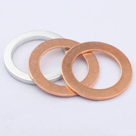 Oil Drain Plug Crush Washer Set With Copper Aluminum Gaskets in 10Mm to 18Mm sizes, showing close-up of 3 gaskets.