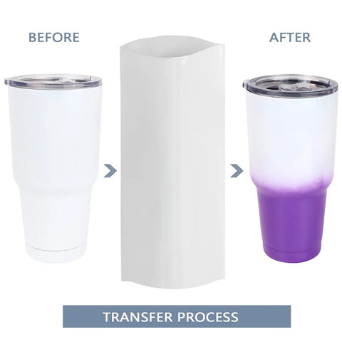 50 Pack 7X11 Inch Sublimation Shrink Films For 30 Oz Tumblers Super Easy Full Wrap Heat Transfer Prints Hella Durable showcasing the before and after of tumblers.