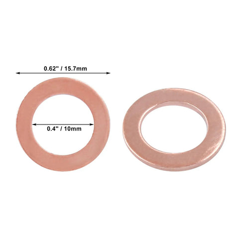 100 Pack M10 Copper Flat Washers Set ID 10mm OD 16mm Sealing Gasket Kit. Image shows two copper washers with measurements.