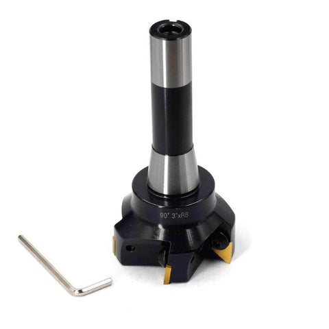 Oscarbide indexable end mill with R8 shank, 3in dia, 6in length, 90°, 5-flute carbide inserts; hex wrench included