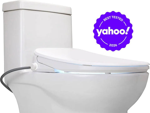 Top Shelf Elongated Bidet Toilet Seat In Crisp White With An Ultra Low Profile Setup, mounted on a ceramic toilet.