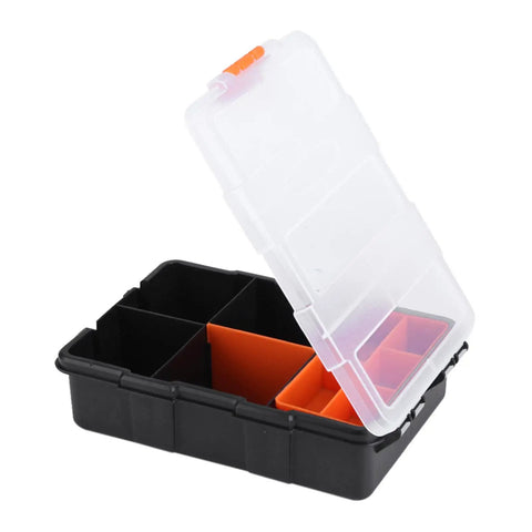 Two Layer Plastic Tools Organizer Box For Garage And Workshop with open clear lid and compartment dividers