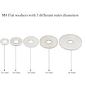 Five stainless steel M8 flat washers with varying outer diameters from 16 to 40 mm.