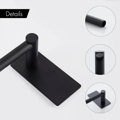 Close-up details of 32 Inch Self Adhesive Towel Bar For Bathroom No Drill Wall Mounted Rustproof SUS304 Stainless Steel Matte Black Hand Towel Holder Kitchen Bath Organizer Easy Install Strong Hold showing matte finish and rounded edges.