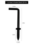 Rock Solid Black L Shape Screw Hooks Heavy Duty Wall Mount Hangers Super Durable Rust Proof Steel Cup Hooks For Shed Garden Patio Closet Storage Solutions 20 Pieces showing single black L shape hook dimensions.
