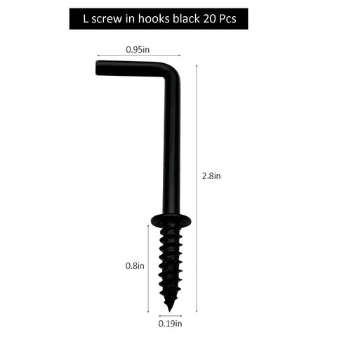 Rock Solid Black L Shape Screw Hooks Heavy Duty Wall Mount Hangers Super Durable Rust Proof Steel Cup Hooks For Shed Garden Patio Closet Storage Solutions 20 Pieces showing single black L shape hook dimensions.