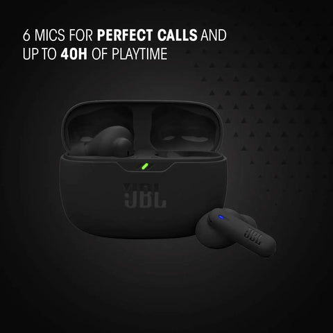 Vibe Beam 2 True Wireless Earbuds With Active Noise Cancelling And Smart Ambient Four Microphones For Crystal Clear Calls Dope Pure Bass Sound Up To 40 Hours Of Playtime IP54 Dust And Water Resistant Black, shown in charging case
