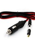 Heavy Duty 12 To 24 Volt Car Charger Cable With Dual DC Plug Sizes For Five Point Five By Two Point One Millimeter And Four Point Zero By One Point Seven Millimeter To Car Cigarette Lighter Male Plug LED Indicator Four Foot Cord And Three Amp Fuse shown with plugs and cord.