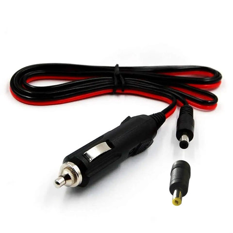 Heavy Duty 12 To 24 Volt Car Charger Cable With Dual DC Plug Sizes For Five Point Five By Two Point One Millimeter And Four Point Zero By One Point Seven Millimeter To Car Cigarette Lighter Male Plug LED Indicator Four Foot Cord And Three Amp Fuse shown with plugs and cord.