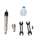 Heavy Duty Pencil Air Die Grinder Delivers Hella Fast 70000 RPM Spin For Smooth Engraving Polishing And Detail Work On Wood Plastic Or Stone With Killer Grip And Tough As Nails Construction tools and accessories set, includes die grinder, wrenches, and oil bottle.