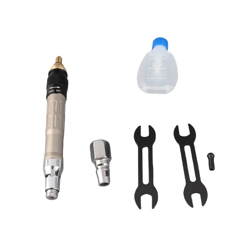 Heavy Duty Pencil Air Die Grinder Delivers Hella Fast 70000 RPM Spin For Smooth Engraving Polishing And Detail Work On Wood Plastic Or Stone With Killer Grip And Tough As Nails Construction tools and accessories set, includes die grinder, wrenches, and oil bottle.