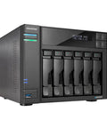Top Shelf Six Bay Network Attached Storage With Beefy Intel Celeron Processor And Four M2 Nvme Slots Powering Dual Two Point Five Gigabit Ethernet Links Along With Eight Gb Ram And One Terabyte Ssd For No Sweat Backups in black with multiple drive bays.