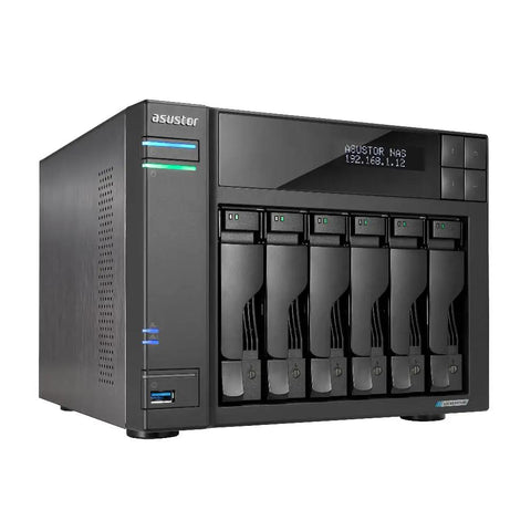Top Shelf Six Bay Network Attached Storage With Beefy Intel Celeron Processor And Four M2 Nvme Slots Powering Dual Two Point Five Gigabit Ethernet Links Along With Eight Gb Ram And One Terabyte Ssd For No Sweat Backups in black with multiple drive bays.
