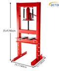 Industrial Grade Hydraulic Press For Precision Bending And Stamping Rock Solid Construction with red steel frame, 35.4 inches tall.