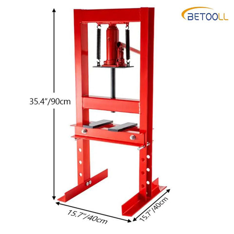 Industrial Grade Hydraulic Press For Precision Bending And Stamping Rock Solid Construction with red steel frame, 35.4 inches tall.