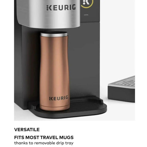 Fast Single Serve Commercial Coffee Maker with 4 to 12 oz cup sizes featuring removable drip tray for travel mugs
