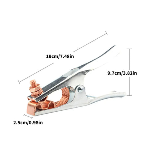 Heavy Duty 500 Amp Power Welding Ground Clamp With Copper Plated Jaw And Braided Shunt Wire measures 19cm, ideal for welder grounding.