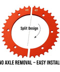 Split Sprocket 42 Tooth Sprocket For 420 Pitch Chain With No Axle Removal Design, red split design feature illustration