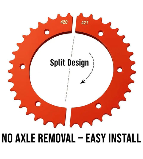 Split Sprocket 42 Tooth Sprocket For 420 Pitch Chain With No Axle Removal Design, red split design feature illustration