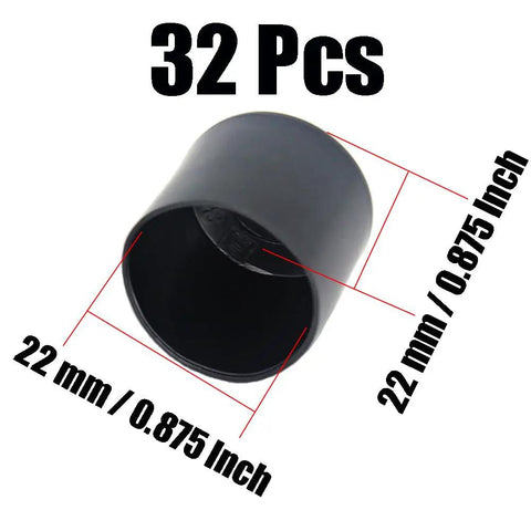 Thirty Two Piece Rubber Chair Leg Tips Seven Eight Inch Round Furniture Glide Caps Non Scratch Floor Protectors showing black cap with size details.