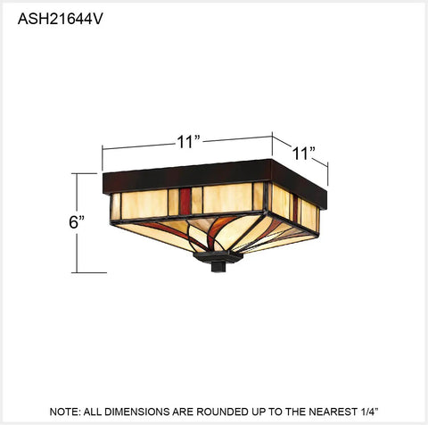 Finley Two Light Valiant Bronze Flush Mount With Multicolored Tiffany Glass Shade dimensions illustrated