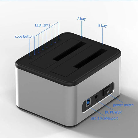 Straight Up Aluminum Docking Station For 2.5 And 3.5 Inch HDD And SSD With USB 3.0 Hot Swap Ready Rock Solid External Case showing top view with dual bays and ports.