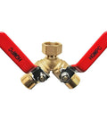 Heavy Duty Garden Hose Y Valve Splitter With Stainless Steel Long Handle And Brass Body Two Way Water Adapter Three Quarter Inch GHT Thread High Flow Full Port Spigot Splitter For Outdoor Garden Use brass Y splitter with red handles