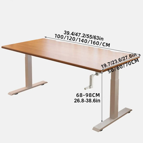 Get Your Posture Locked In With This Cherry Wood Manual Standing Desk And Straight Up Game Changing Crank Lift Mechanism For Home Offices Or Bedrooms Boasting A Foldable Handle And Massive Work Surface, showing height adjustments and dimensions.