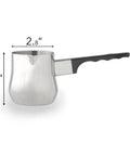 Turkish Coffee Pot Warmer Set In Stainless Steel, Stovetop Espresso Warmer with side view showing dimensions and black handle.