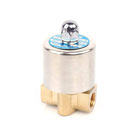 Close-up of Brass Electric Solenoid Valve AC110V Normally Closed 2-Way 1/4 Inch NPT, high temperature -5 to 180 C, for irrigation use.