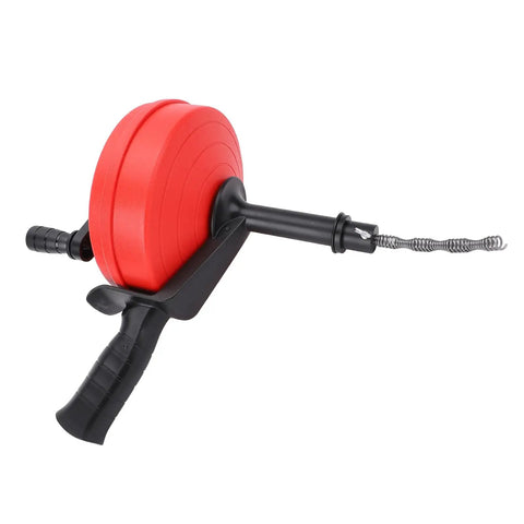 Heavy Duty Drain Auger With 10m Coil Spring And Twin Modes for knocking out stubborn clogs, featuring a red reel and black grip.