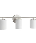 Three Light Etched White Glass Modern Bath Vanity Light With Brushed Nickel Finish For Coastal Luxury Bathrooms And Transitional Spaces