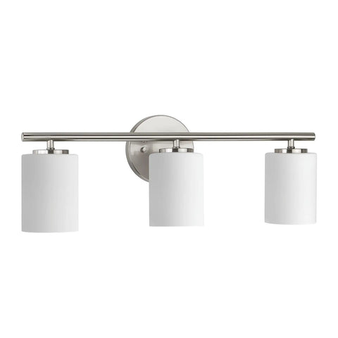 Three Light Etched White Glass Modern Bath Vanity Light With Brushed Nickel Finish For Coastal Luxury Bathrooms And Transitional Spaces