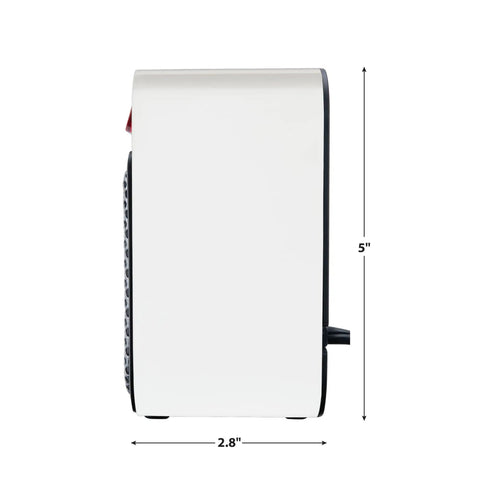 Side view of Desk-Friendly 250W Personal Space Heater, compact white design, dimensions 5" height by 2.8" width, ideal for small rooms.