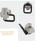 Close-up of heavy duty D ring tie down anchor with black loop, designed for easy bolt installation on truck bed rails or boat trailers.