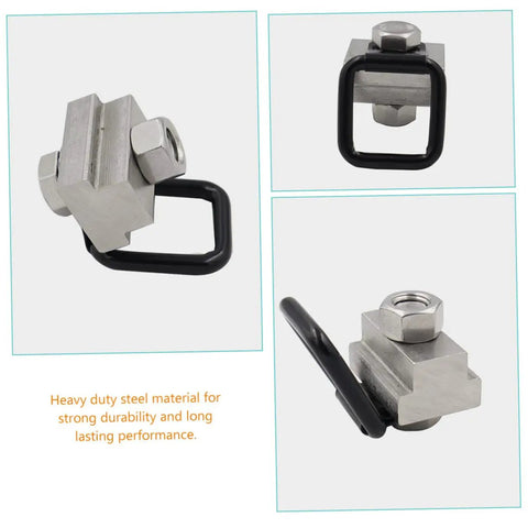 Close-up of heavy duty D ring tie down anchor with black loop, designed for easy bolt installation on truck bed rails or boat trailers.