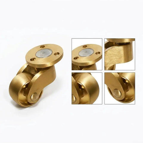 Heavy Duty Brass Casters Four Pack Double Ball Bearing Furniture Wheels Rust Resistant Smooth As Butter Rolling Hardware For Home And Shop Built Tough And Ready For The Daily Grind, close-up of a brass caster wheel with metal plate.