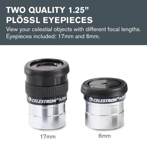Two 1.25 inch Plossl eyepieces from Eight Piece Telescope Accessory Kit, 17mm and 6mm sizes for crisp visuals and astrophotography.