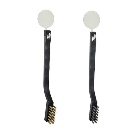 Two wire brushes with stainless steel and copper-brass bristles 7-inch black handles hanging for scrubbing paint, rust, and corrosion.