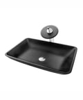 Slick Black Tempered Glass Countertop Vessel Sink For Bathroom Above Counter with modern chrome faucet and flat rim.